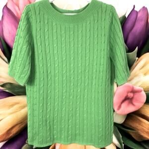 Talbots Kelly Green Cable Knit Sweater Elbow-length sleeves. Jewel necklines XS